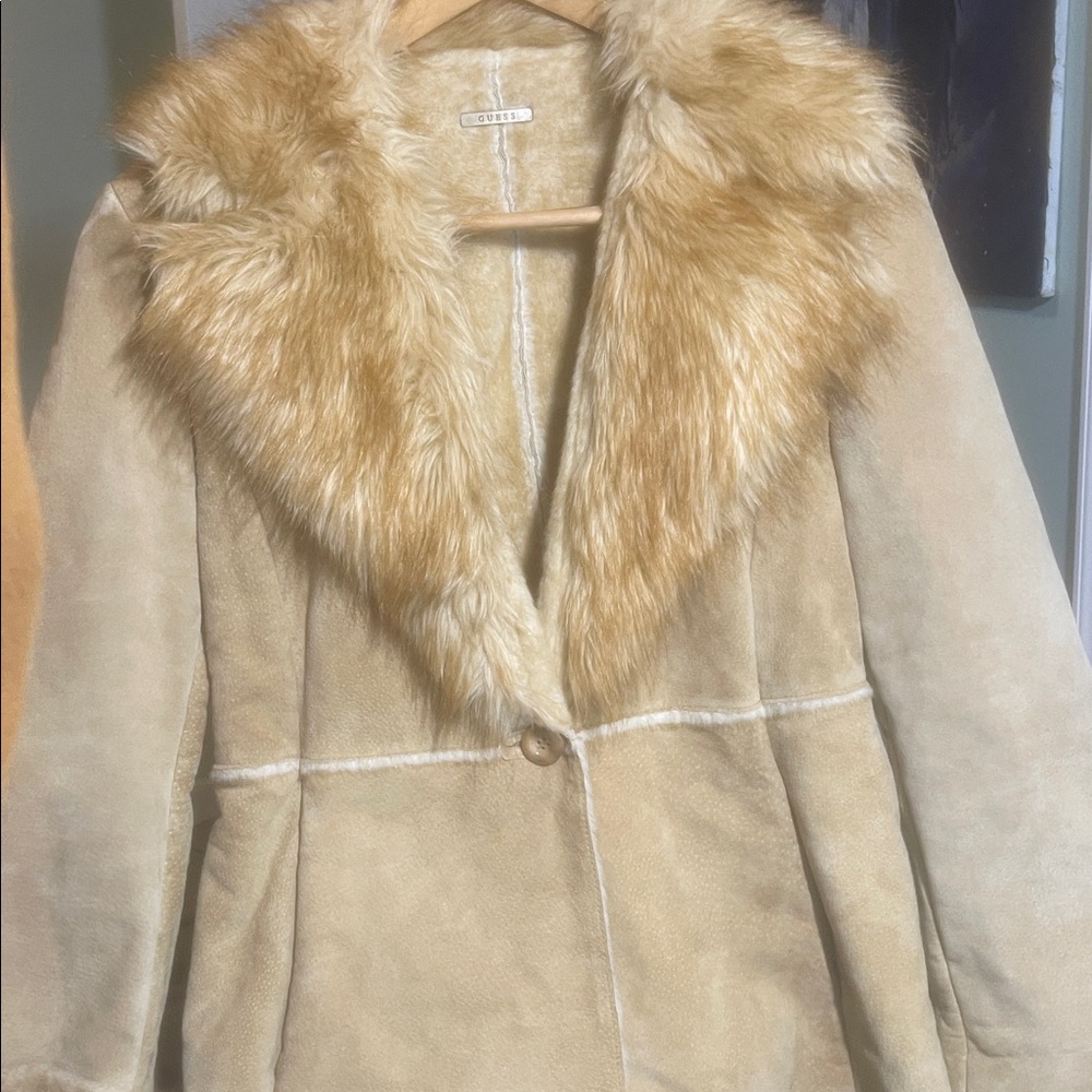 Vintage Guess Tan Genuine Leather Penny Lane Jacket with faux fur neck